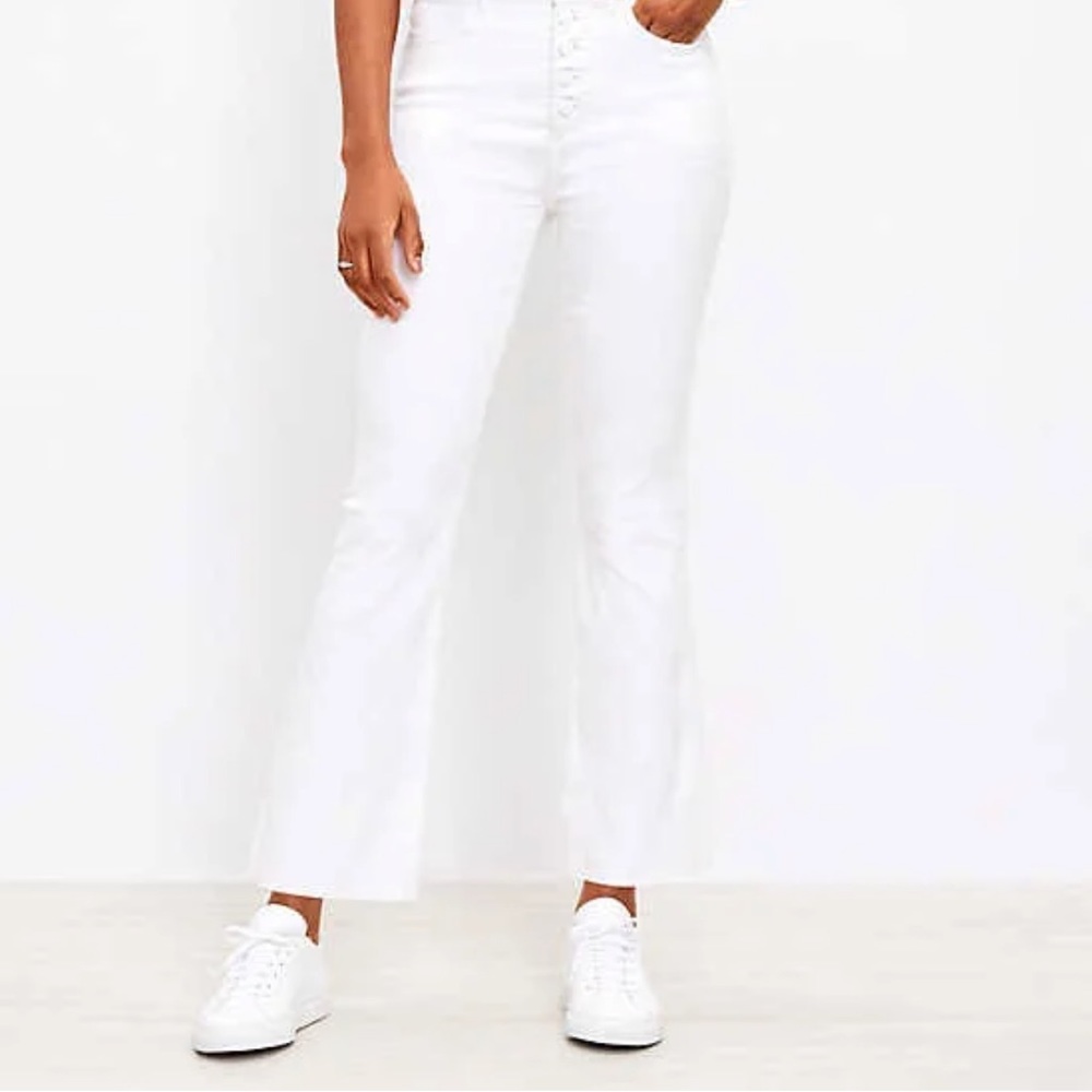 Petite Frayed Button Front High Rise Kick Crop Jeans in White